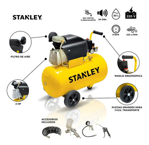 Compresor De Aire Stanley 50 Lts 2 Hp + Kit 4 Pieza