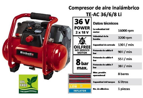 Compresor Inalámbrico Infla Einhell Te-ac 36/6/8 Li Of Solo Rojo Monofásica